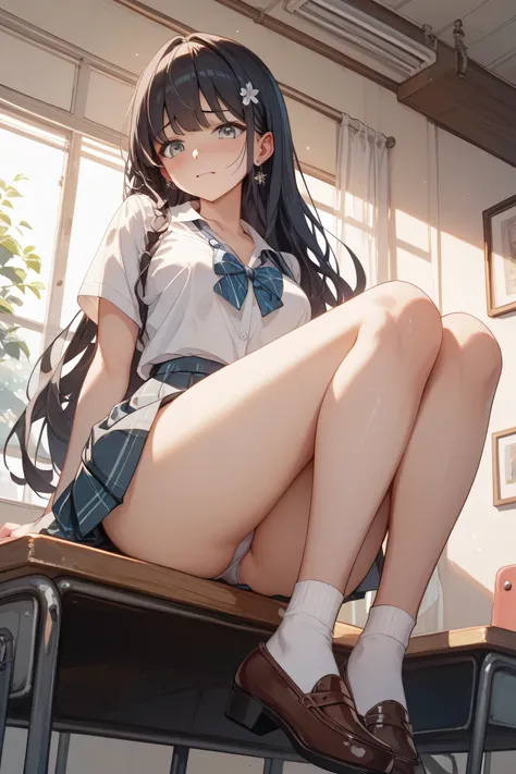 1 girl、 black hair、long hair、sitting、from below、Long legs、is embarrassing、HORTS、masterpiece、Top Quality、uncorrected、 school uniform、chest is big、white blouse