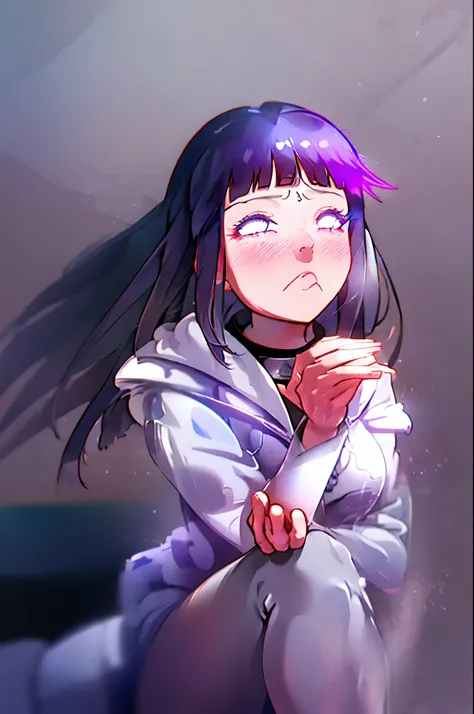 Hinata yoga from Naruto Shippuden wearing her signature lavender white dress on knees ahegao face, rolling eyes, heavy blush deep violet long hair white plain eyes
