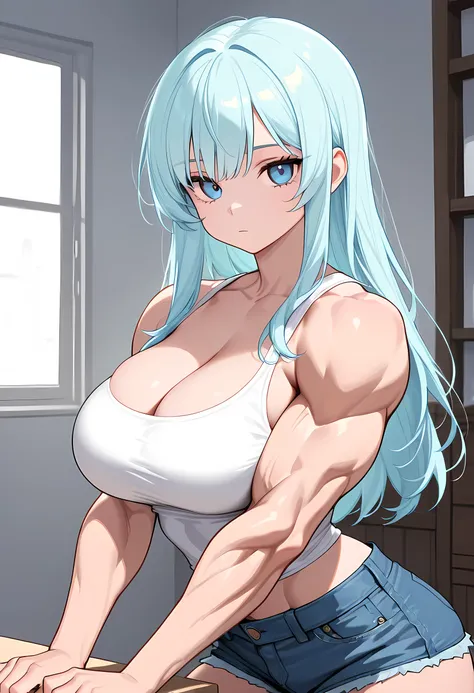 1girl, solo, (light blue hair, long hair, bangs, blue eyes, cute face:1.0), (large breasts, pecs, muscular arms, muscular shoulders, biceps, narrow waist, petite:1.0), (white shirt, cleavage, sleeveless, bare shoulders, bare arms, denim shorts), indoors, e...