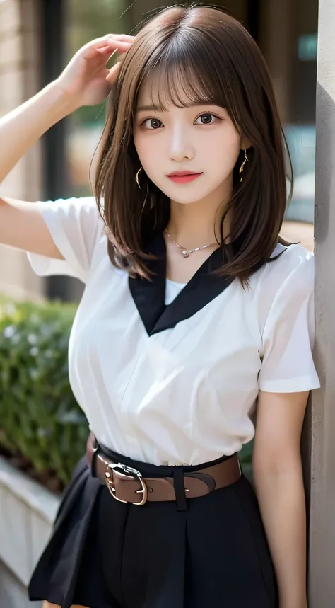 (beautiful girl、Cute Face、high school girl、medium hair:1.3)、TOP QUALITY,8K image、Shapely breasts、black shorts、belt、earrings、necklaces、white frill blouse from before g