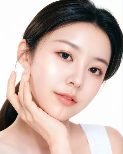 An arafed woman with a white tank top and a white tank top, popular south korean makeup, popular korean makeup, young adorable korean face, pale milky white porcelain skin, milky white skin, porcelain highlighted skin, glowing porcelain skin, glowing skin ...
