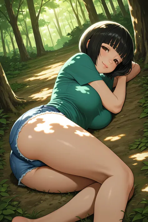 1girl, lying on side, bend knees, ass, (from above:0.5), 
BREAK girl, 22yo, short hair, bob cut, ear, (blunt bangs), black hair, (tareme:1.2), detailed cute brown eyes, curled eyelashes, (large breasts:0.8), 
beautiful eyes, beautiful face, 
t-shirt, denim...