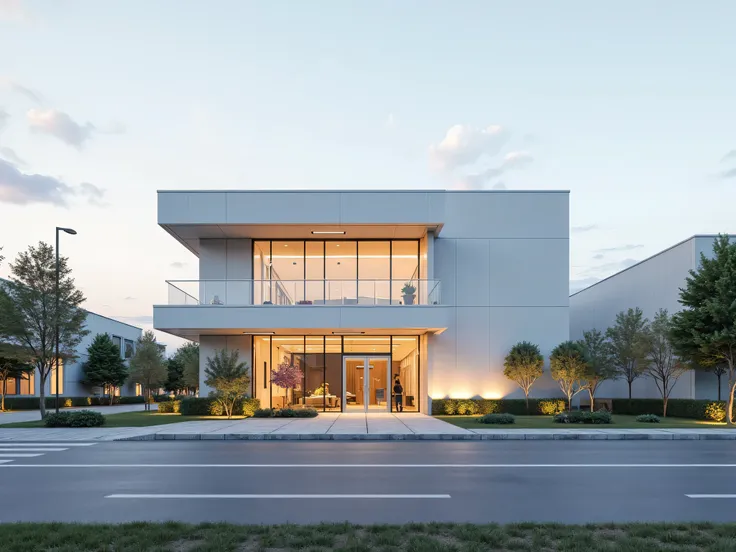 Front of the door、Rendering、Light Colored Modern Office Building、Industrial park plant