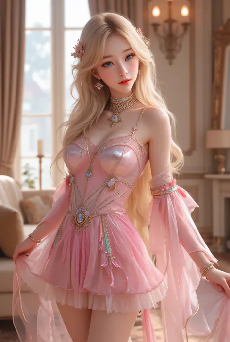 super beautiful cute face, very beautiful cute girl , japanese idol face, blonde hair, (sparkling clear beautiful blue eyes:1.1), source_real, realistic photograph, fair skin, long see-through bangs, proportional head, mini dress with a gorgeous design dec...