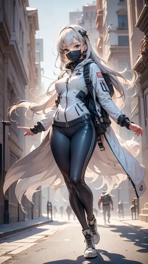 1girll,focal point：Shoot from head to shoe full body！ （Full body shooting from head to shoe），helmet, Hood, Solo, Spacesuit, Extra-long_Hair, bangs, Jacket, The upper part of the body_Body, White_Hair, bag, Blurry, Coat, Grey_Eyes, Mask, Blurry_Background, ...