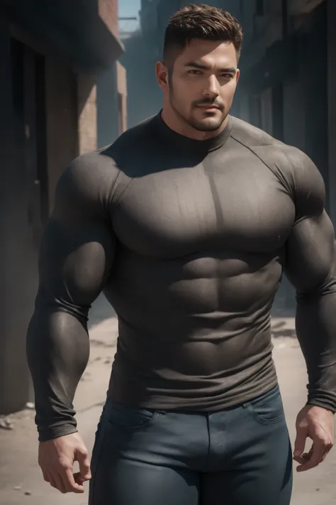 Two MuscularSupermen embrace affectionately, Very strong - broad shoulders and narrow waist，Ruins in an abandoned city, Wear a dark grey denim textured long sleeve tight t-shirt with a high neck, Cowboy texture ，He has a sad expression， Lift your chin, mes...