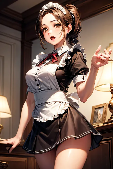 masterpiece, high quality, female maid, thirties,(elegant), natural beauty,forehead brown ponytail hair), soft lighting,((( brown eyes))),open mouth,(((mini-skirt))),standing