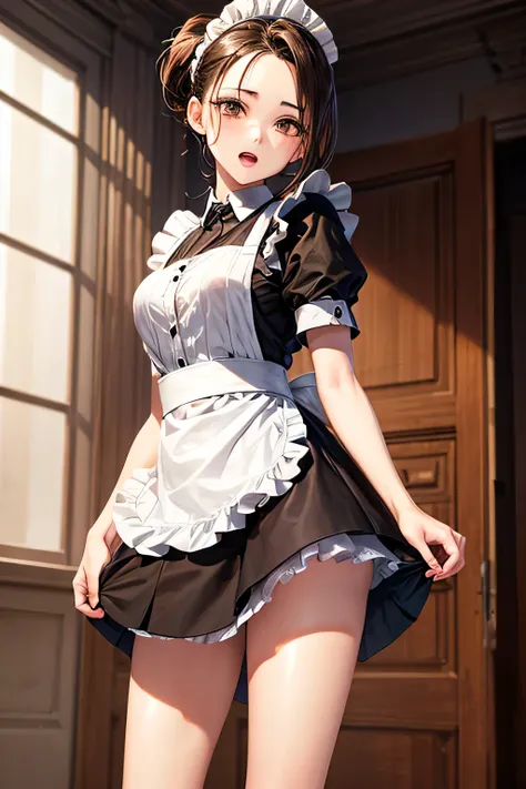 masterpiece, high quality, female maid, thirties,(elegant), natural beauty,forehead brown ponytail hair), soft lighting,((( brown eyes))),open mouth,(((mini-skirt))),standing