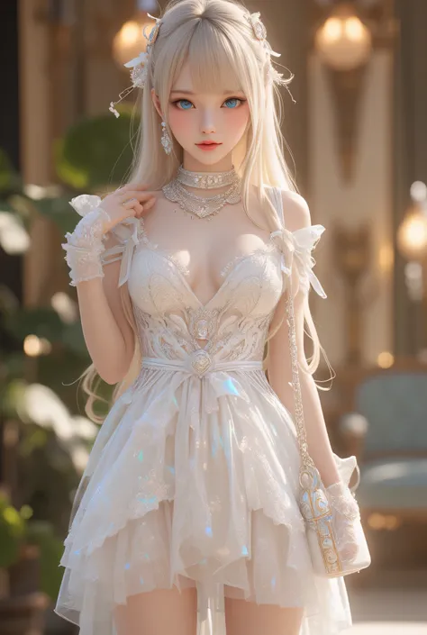 super beautiful cute face, very beautiful cute girl , japanese idol face, blonde hair, (sparkling clear beautiful blue eyes:1.1), source_real, realistic photograph, fair skin, long see-through bangs, proportional head, mini dress with a gorgeous design dec...