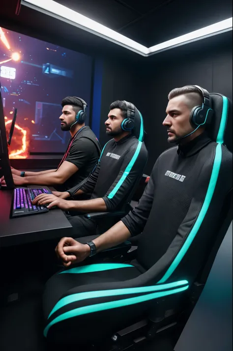 two men playing pubg game on pc, detailed facial features, tense expressions, focused on screen, gaming headphones, ergonomic gaming chairs, rgb gaming setup, neon lights, futuristic sci-fi interior, cinematic lighting, hyper-realistic, 8k, photorealistic,...