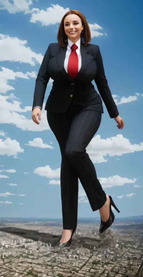100 km tall giga giantic, curvy bbw women with a beautiful smile, bigger than a giant city, curvaceous figure, massive beast, and very long bright red hair, hair length reaching knees, with a curvaceous hourglass figure and massive natural breasts. wearing...