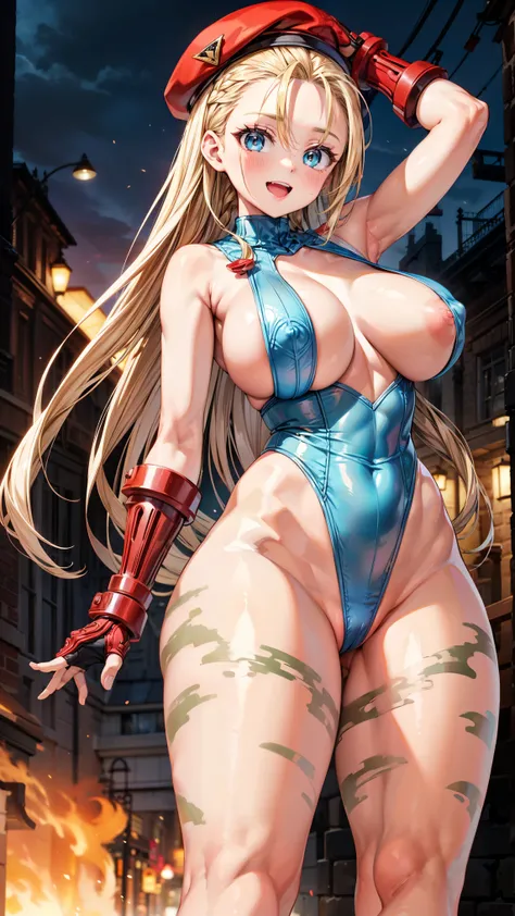 masterpiece、 high image quality、smiles、open mouth、(blonde long hair)、(standing、cowboy shot、BIG BREAST on SNS、NSFW)、(wearing high-leg thong )、 blue eyes、 (thong )、cammy white, long hair, blonde hair,  beret , (red headwear:1.3), large breasts, (White leotar...