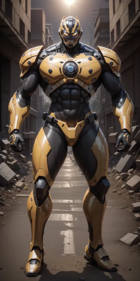 a 2-meter-tall Muscular man，Dark yellow line helmet ， dark yellow and line camouflage neoprene mecha ，Neoprene material ， Soft crotch design，character concept superhero with mechanical helmet，Senior Police Officer，Small checkered texture ， Regular symmetri...