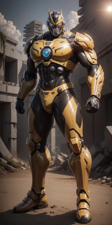 a 2-meter-tall Muscular man，Dark yellow line helmet ， dark yellow and line camouflage neoprene mecha ，Neoprene material ， Soft crotch design，character concept superhero with mechanical helmet，Senior Police Officer，Small checkered texture ， Regular symmetri...