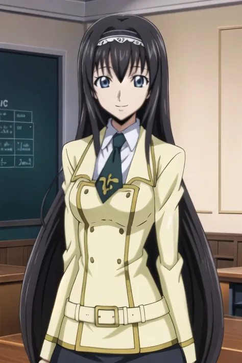 cowboy shot, from side, girl, beautiful eyes, black hair, long hair, hair band, smile, posing at school room, school uniform, skirt, shirt, looking book,(Anime style, masterpiece, best quality , High Resolution , anime color , Anime style, sharp, 8k, reali...