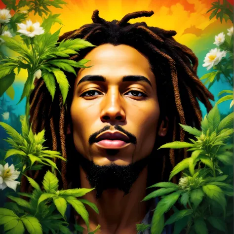(((masterpiece, High-quality, High-resolution, Attention to high-detail)))),bob marley,It grows,lion,marijuana,buds,sunnybeach,smorking marijuana,