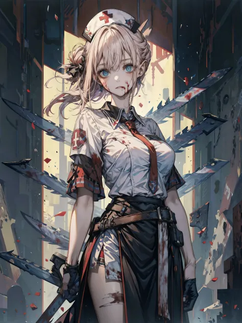 earring, big breasts, narrow waist, short hair, wavy hair, hair behind ear, half updo, black hair, looking at viewer, cowboy shot, blood, blood splatter, blood on clothes, blood stain, hospital, nurse uniform, have a chainsaw, zombie,