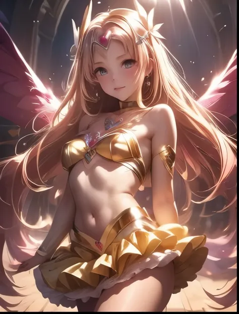 （（（ＳＦＷ、Highest quality、 first class masterpiece 、 normal body of a real person 、8k、  detailed face 、 super precise、   real color 、５refer to、Highest）））、Pretty Cure、Yellow Hair、Magical Girl、pretty girl、 Navel Exposure 、Big Breasts、Chest Valley、Slender、 slim、...