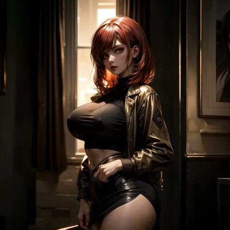 ((best quality)), ((Masterpiece)), ((Enrich the picture，Masterpiece level quality)), milf, red hair, Curtain bangs, very big breasts, golden eyes, fierce woman, street fasion, mini red shirt, mini red skirt, sexy jacket, at night, best quality, RAW 8, real...