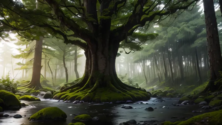 The image is、Tall Tree々and a peaceful forest with a ground covered with lush moss It shows the scene。There's a water wheel on the right side of the image、part of it's hidden in a tree。On the ground、probably as a stepping stone or landmark、There are several...