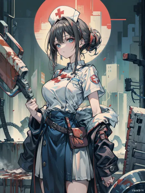 earring, big breasts, narrow waist, short hair, wavy hair, hair behind ear, half updo, black hair, looking at viewer, cowboy shot, blood, blood splatter, blood on clothes, blood stain, hospital, nurse uniform, have a chainsaw, zombie, hospital,