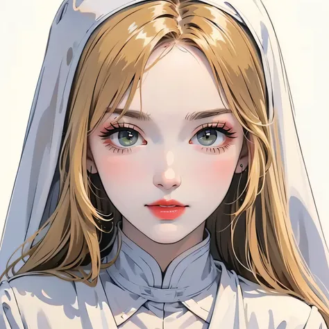 woman, long hair, straight hair, yellow blonde hair, Slanted eyes, yellow green eyes, makeup, pink lips, plump lips, blushing cheeks, long eyelashes, nun outfit, white nun outfit, white background, lighting.