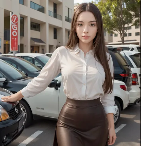 Beautiful woman, RAW photo, ((secretary inside parking lot: 1.4)),)), (Highly detailed skin: 1.5), Detailed eyes: 1.0, High quality lighting: 1.5, Beautiful, shirt, long skirt, Model legs: 1.5, (High class: 1.8), (Realistic: 1.4), (High quality real skin t...