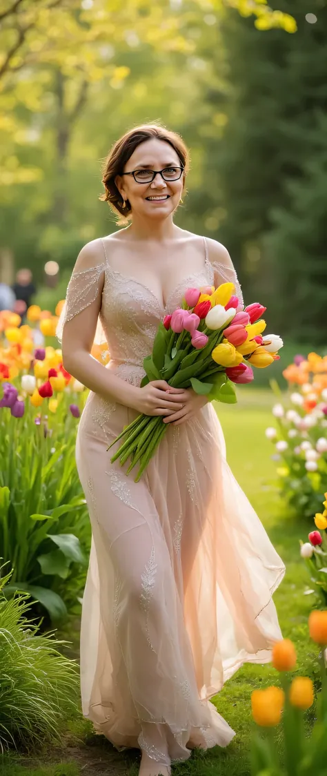 in a beautiful dress, stands in the garden, young, Smiles, happy, With a bouquet of tulips, short brown hair,