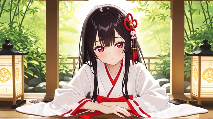 Masterpiece, Best Quality, Top Quality, Very Detailed, A breathtaking anime-style illustration of a beautiful shrine maiden with long, flowing dark hair and captivating red eyes. She is dressed in a traditional red and white miko outfit adorned with intric...