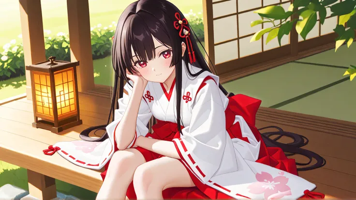 Masterpiece, Best Quality, Top Quality, Very Detailed, A breathtaking anime-style illustration of a beautiful shrine maiden with long, flowing dark hair and captivating red eyes. She is dressed in a traditional red and white miko outfit adorned with intric...
