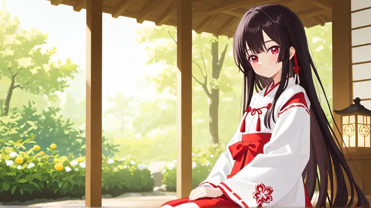 Masterpiece, Best Quality, Top Quality, Very Detailed, A breathtaking anime-style illustration of a beautiful shrine maiden with long, flowing dark hair and captivating red eyes. She is dressed in a traditional red and white miko outfit adorned with intric...