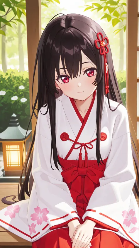 Masterpiece, Best Quality, Top Quality, Very Detailed, A breathtaking anime-style illustration of a beautiful shrine maiden with long, flowing dark hair and captivating red eyes. She is dressed in a traditional red and white miko outfit adorned with intric...