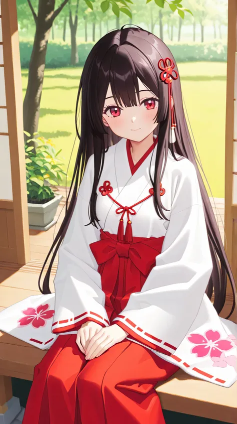 Masterpiece, Best Quality, Top Quality, Very Detailed, A breathtaking anime-style illustration of a beautiful shrine maiden with long, flowing dark hair and captivating red eyes. She is dressed in a traditional red and white miko outfit adorned with intric...