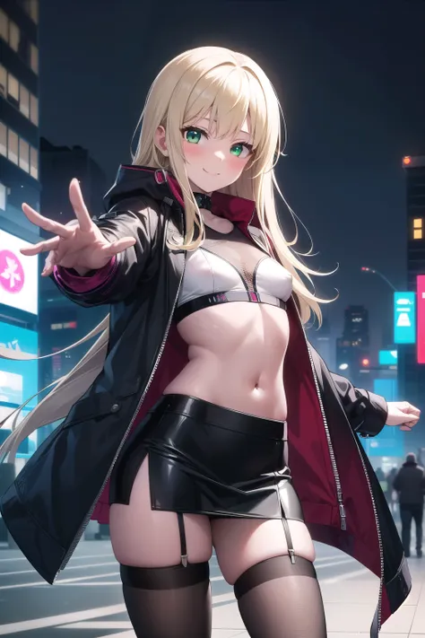 Scene: The girl is on the outskirts of a cyberpunk city. There is a festive atmosphere on the background. one hand is outstretched, as if it wants to give something. Girl Body: small breasts, hips, blonde very long hair, green eyes, blush,  she is joyful a...