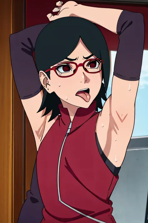 Sarada Uchiha,human woman with fair skin. She is a r with black eyes and red clothing. Her hair is black in color; She is beautiful.Wearing red rimmed glasses.Tsundere face. Pink eye shading,mature appearance,armpits,sweat,sweaty,sweaty armpits,arms up,s...