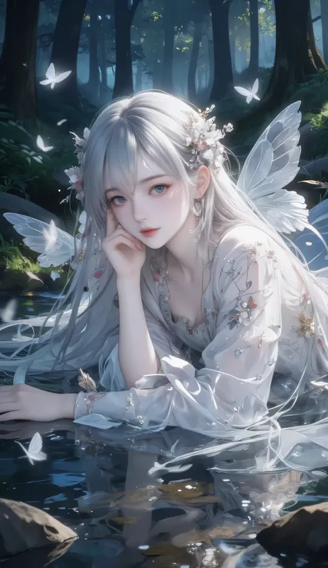 Masterpiece, Best Quality, Top Quality, Very Detailed, A mesmerizing anime-style illustration of a pale, ethereal girl with long, flowing silver-white hair, lying gracefully in a mystical forest stream. She wears a delicate gown adorned with floral pattern...