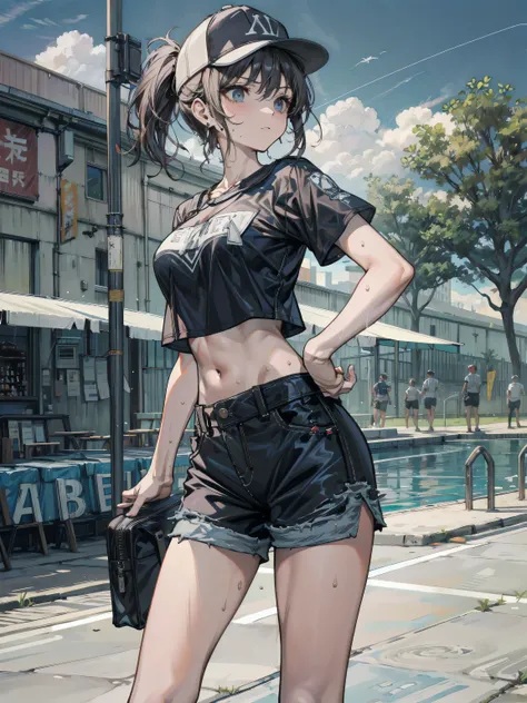 perfect anatomy, correct body, earring, narrow waist, black hair, large breasts, sweat, outdoor, cowboy shot, baseball cap, black T-shirt, crop top, shorts,