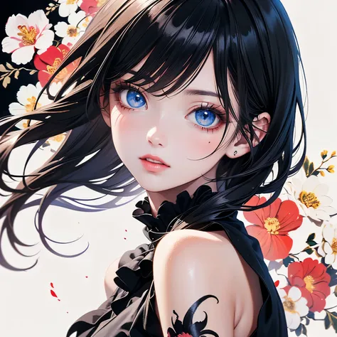 (Masterpieces),(Top Quality:1.2),(8k anime),1 girl, beautiful detailed blue eyes ,( beautiful silky black hair :1.2), black dress with flowers,(realistic), detailed skin, Unfairly Beautiful,((Sumi-painting floral background)),white theme ,cinematic lightin...