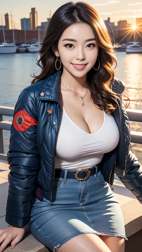 anatomically correct 5 fingers　Beautiful Korean woman with wavy hair　earrings　thin necklace　(((Quilted jacket)))　Ｔ shirt　Thin belt　miniskirt　Big Breasts　functional body　looking at camera　 cute charming smile　At the harbor with a beautiful sunset　Sitting on...