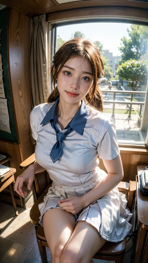 best quality,  masterpiece super high resolution 8k  ,((Portrait of a seated person:1.4)), (realistic:1.6), ((blue eyes)),(( Shining Smile )), RAW photo,((realisticな美肌)),((school uniforms:1.4)),(( tender breasts )),(( upper body picture)),1 person ((random...