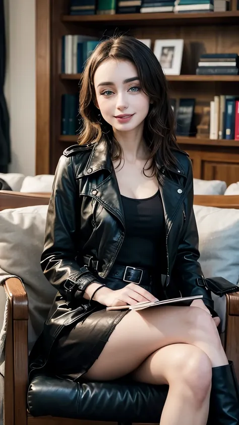 Make an image of Lilly Collins with a black leather trench coat, black boots, black pantyhose, black leather skirt, Sitting on a chair, cross-legged, looking at the speaker, with a confident smile . She has a book in her lap. And her bag in another chair. ...