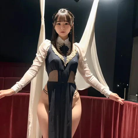 Depict a 20-year-old, breathtakingly beautiful woman performing an aerial silk routine in a dimly lit theater. She is suspended high above the stage, her body elegantly entwined in flowing silk fabric. Her costume is form-fitting, designed to accentuate bo...