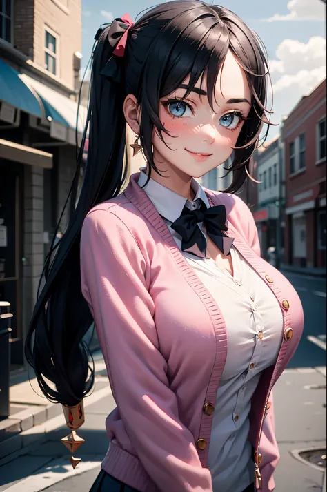 mona, upper body, smile, blush, outdoors, day, simple background, blue sky, long hair, sky, city, looking at viewer, moody lighting, school uniform long sleeves, large breast, hair down, close up, pink jacket