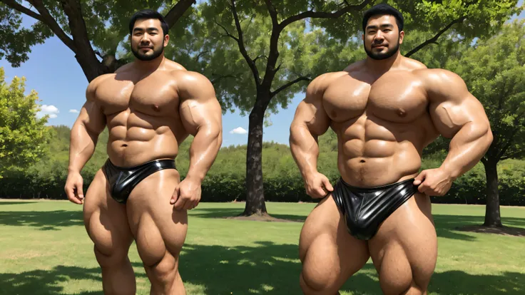 A man from Xinjiang ，35 years old，Tall and handsome， short hair, O-Shaped Beard，perfect body, dark, shiny skin after the sun，Muscular， very large pectoral muscles， very sexy abs ，Leg muscular，Brightens oily skin，wear black shiny leather thongs， super sexy ...