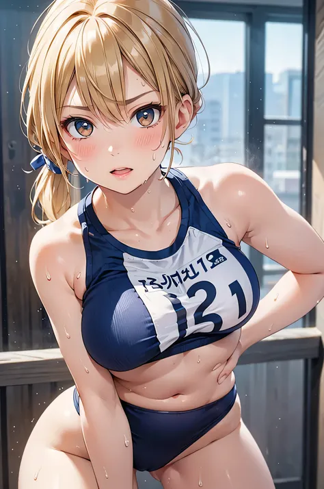  8k resolution,((Top Quality)),super high resolution, Adult Female, alone,  sexy, ( serious expression), (Light brown eyes), beautiful symmetrical face,（open your mouth:1.1), (blonde long ponytail hair),track uniform,(sweat:1.4),realistic:1.4,realistic:1.4...