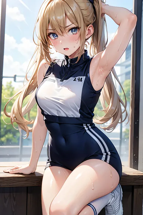  8k resolution,((Top Quality)),super high resolution, Adult Female, alone,  sexy, ( serious expression), (Light brown eyes), beautiful symmetrical face,（open your mouth:1.1), (blonde long ponytail hair),track uniform, white socks,(sweat:1.4),realistic:1.4,...