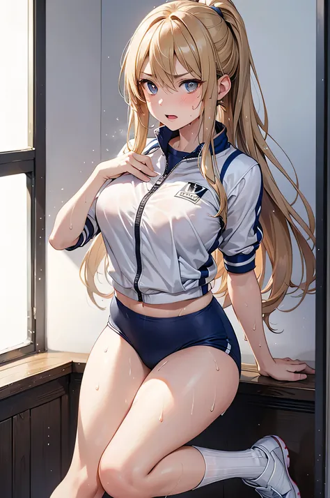  8k resolution,((Top Quality)),super high resolution, Adult Female, alone,  sexy, ( serious expression), (Light brown eyes), beautiful symmetrical face,（open your mouth:1.1), (blonde long ponytail hair),track uniform, white socks,(sweat:1.4),realistic:1.4,...