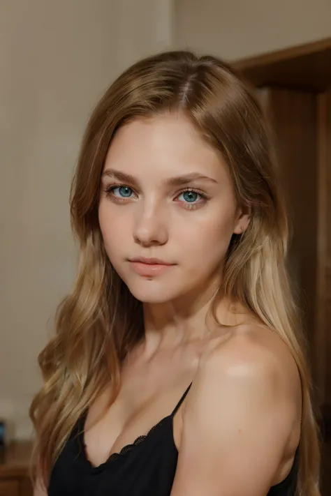 Generate a beautiful young woman with real blonde hair and beatiful eyes, focusing on her physical features, personality traits, and style. 18-20yo, long hair and blonde, blue eye color, skin tone white