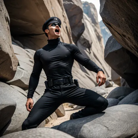 Age 35、handsome guy ,  2 guys,black turtleneck long sleeve t-shirt。 short hair short hair 、In front of the cave、A manly provocation　Black eyepatch　、 as seen from below。　 upper body　Up  　 Menacing look　　black slim pants　　 black gloves　black belt　　　顔Up 　 bla...