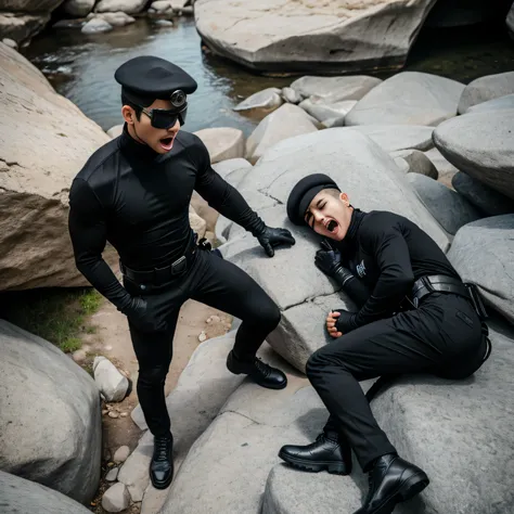 Age 35、handsome guy ,  2 guys,black turtleneck long sleeve t-shirt。 short hair short hair 、In front of the cave、A manly provocation　Black eyepatch　、as seen from above。　 upper body　Up  　 Menacing look　　black slim pants　　 black gloves　black belt　　　顔Up 　 blac...